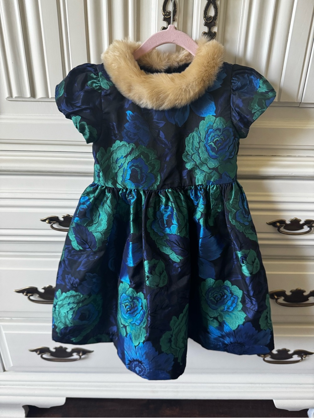 Janie and Jack Girls Navy and Teal Floral Party Dress with Faux Fur Collar